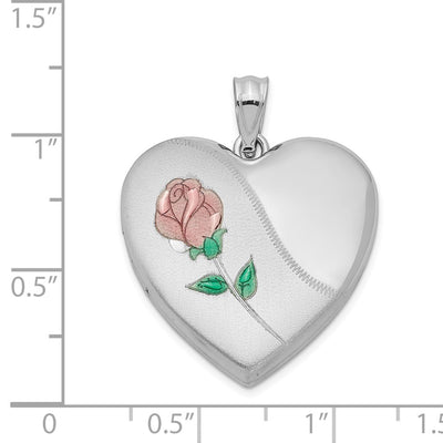 Sterling Silver Rhodium-plated Satin Enameled & D/C Rose Locket