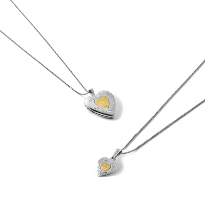 Sterling Silver Rhodium & Gold-plated Polished & Satin Diamond Mom Locket 18in Necklace/ Daughter Pendant 14in Cross Heart Necklace Set