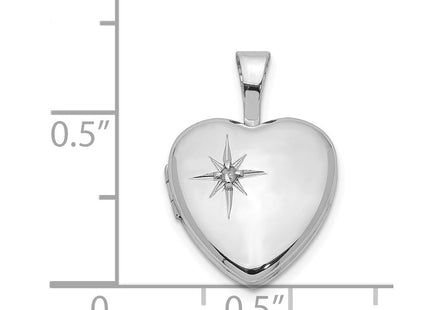 Sterling Silver Rhodium-plated Polished Diamond Star Heart Locket (Style QLS483)