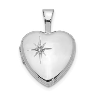 Sterling Silver Rhodium-plated Polished Diamond Star Heart Locket (Style QLS483)