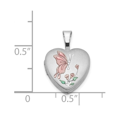 Sterling Silver Rhodium-plated Enamel Butterfly Flowers Heart Locket