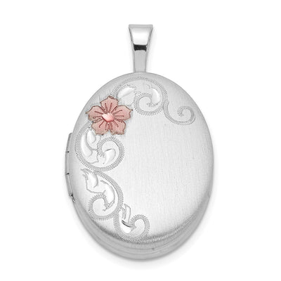 Sterling Silver Rhodium-plated Enamel Floral Oval Locket