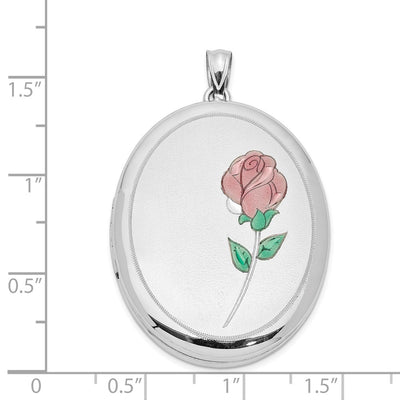 Sterling Silver Rhod-plated Satin & Polished Enamel Rose Oval Locket