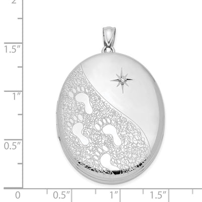 Sterling Silver Rhodium-plated & Diamond Footprints Oval Locket