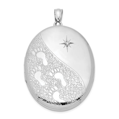 Sterling Silver Rhodium-plated & Diamond Footprints Oval Locket