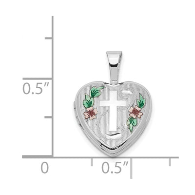 Sterling Silver Rhodium-plated Cross w/ Enamel Flowers Heart Locket