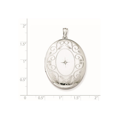 Sterling Silver Rhodium-plated & Diamond w/ Swirl Border Oval Locket