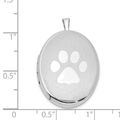 Sterling Silver Rhod-plated Textured & Polished Paw Print Oval Locket