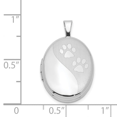Sterling Silver Rhodium-plated Satin & Polished Paw Prints Oval Locket