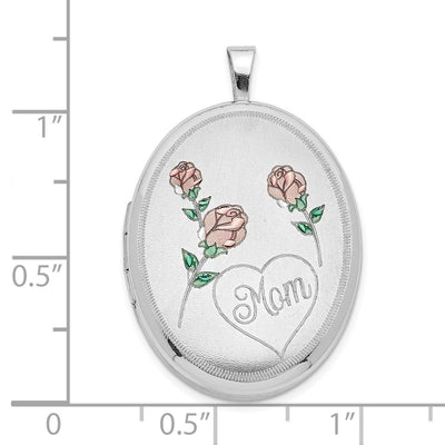 Sterling Silver RH Satin/Polished Enameled Roses Mom Oval Locket