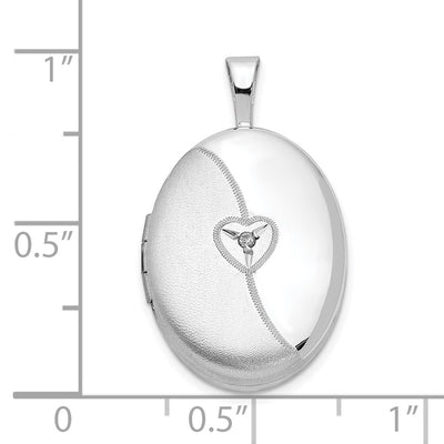 Sterling Silver Rhod-plated Diamond Satin & Polished Heart Oval Locket