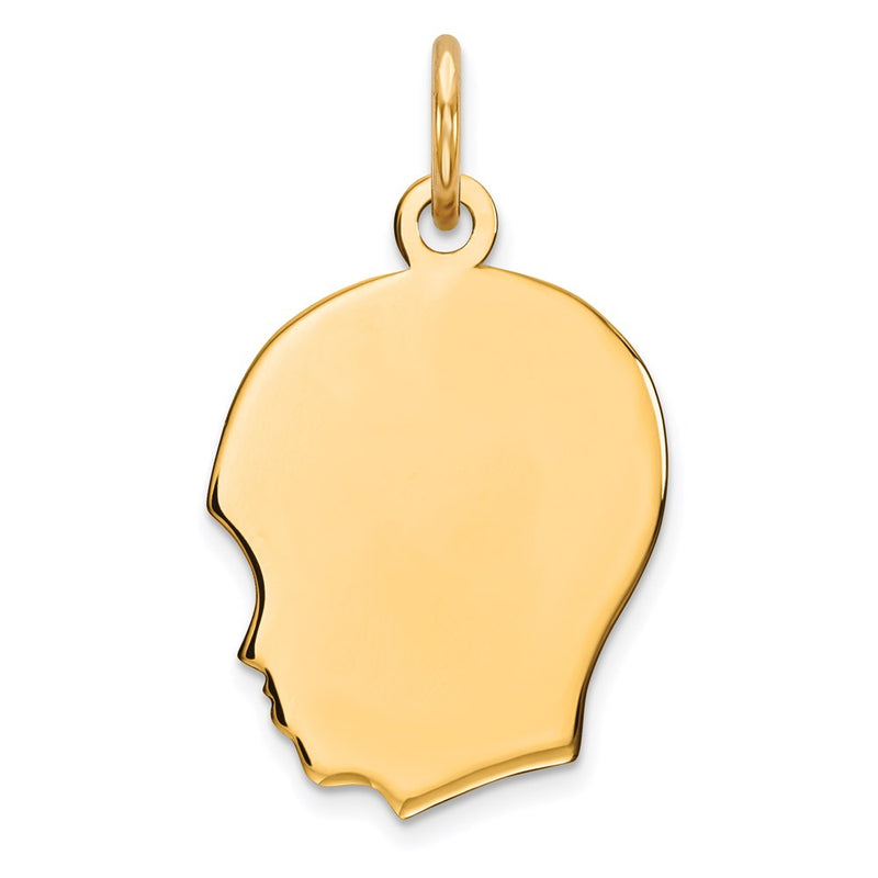 Gold Plated Sterling Silver Facing Left Engravable Boy Head Charm, Satin Back, 0.89mm Thick, 22 x 14mm
