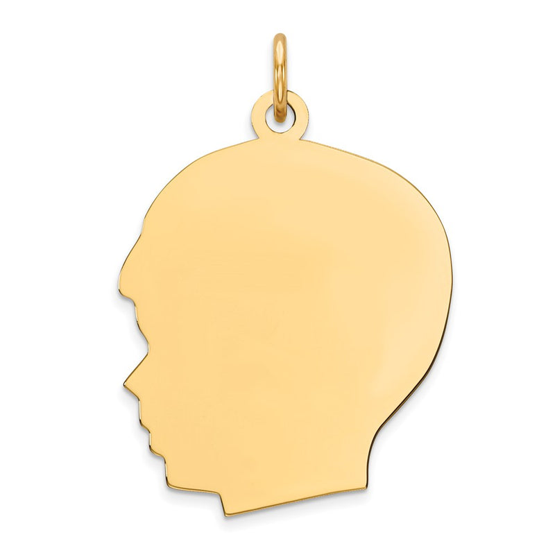 Gold Plated Sterling Silver Facing Left Engravable Boy Head Charm, Satin Back, 0.46mm Thick, 32 x 21mm