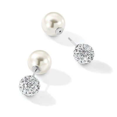 Majestik Sterling Silver Rhodium-plated and CZ and White Imitation Shell Pearl Front Back Post Earrings