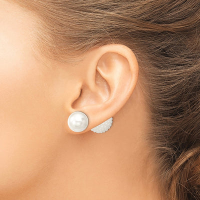 Majestik Sterling Silver Rhodium-plated and White with White Imitation Shell Pearl Front Back Post Earrings