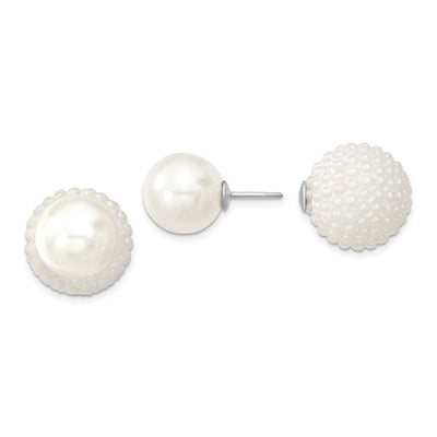 Majestik Sterling Silver Rhodium-plated and White with White Imitation Shell Pearl Front Back Post Earrings