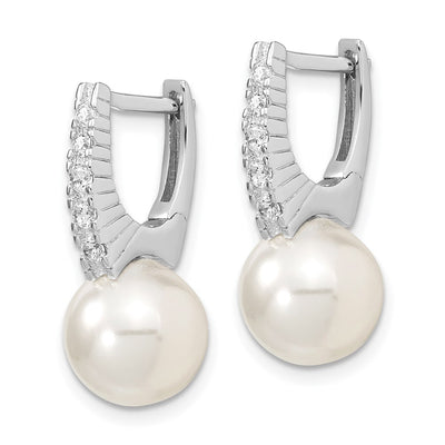 Majestik Sterling Silver Rhodium-plated White Imitation Shell Pearl CZ Hinged Post Dangle Earrings
