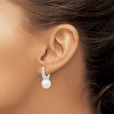 Majestik Sterling Silver Rhodium-plated White Imitation Shell Pearl CZ Hinged Post Dangle Earrings