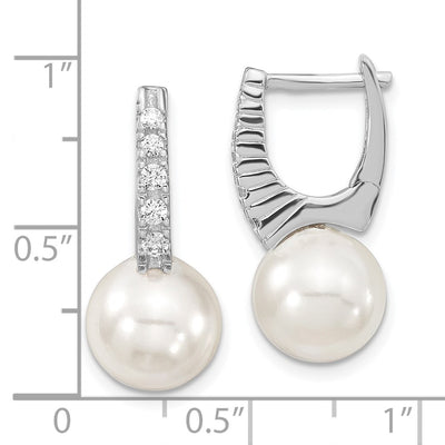 Majestik Sterling Silver Rhodium-plated White Imitation Shell Pearl CZ Hinged Post Dangle Earrings