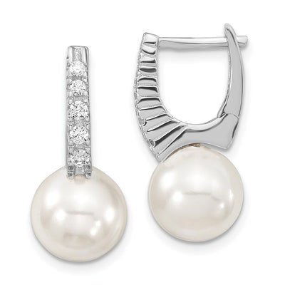 Majestik Sterling Silver Rhodium-plated White Imitation Shell Pearl CZ Hinged Post Dangle Earrings