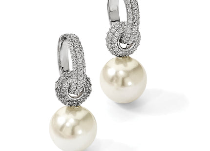 Majestik Sterling Silver Rhodium-plated 12- White Imitation Shell Pearl Dangle Endless CZ Hoop Earrings