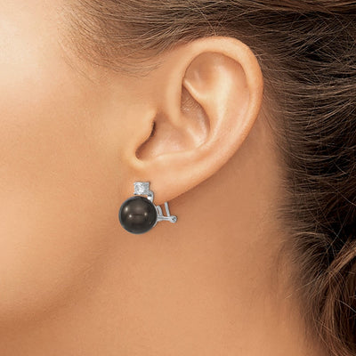 Majestik Sterling Silver Rhodium-plated Black Imitation Shell Pearl and CZ Omega Back Earrings