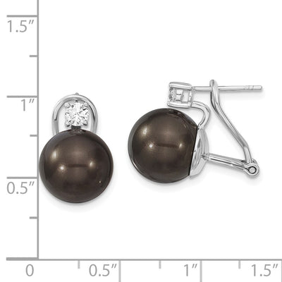 Majestik Sterling Silver Rhodium-plated Black Imitation Shell Pearl and CZ Omega Back Earrings