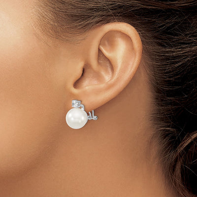 Majestik Sterling Silver Rhodium-plated White Shell Imitation Pearl and Clear CZ Omega Back Post Earrings