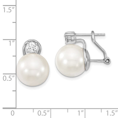 Majestik Sterling Silver Rhodium-plated White Shell Imitation Pearl and Clear CZ Omega Back Post Earrings