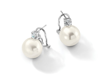 Majestik Sterling Silver Rhodium-plated 12- White Shell Imitation Pearl and Clear CZ Omega Back Post Earrings