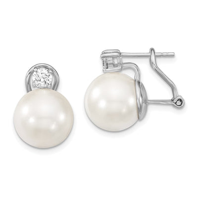 Majestik Sterling Silver Rhodium-plated White Shell Imitation Pearl and Clear CZ Omega Back Post Earrings