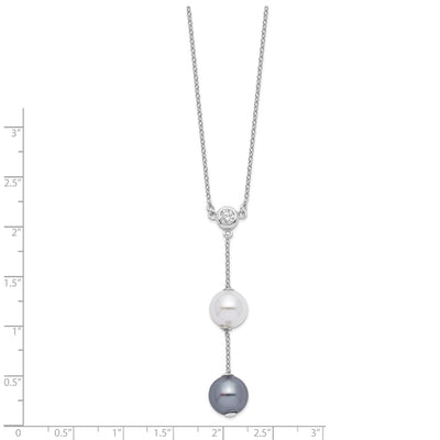 Majestik Sterling Silver Rhodium-plated White and Grey Imitation Shell Pearl and CZ Spring Ring Clasp Necklace