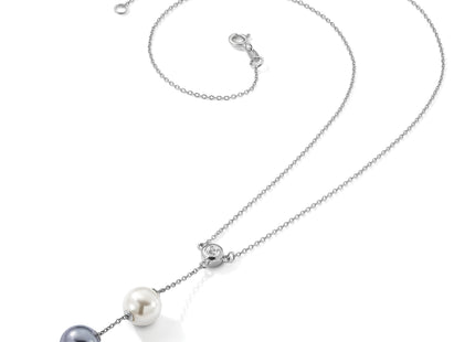 Majestik Sterling Silver Rhodium-plated 10- White and Grey Imitation Shell Pearl and CZ Spring Ring Clasp Necklace