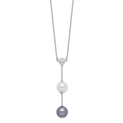 Majestik Sterling Silver Rhodium-plated White and Grey Imitation Shell Pearl and CZ Spring Ring Clasp Necklace