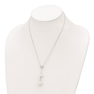 Majestic Sterling Silver Rhodium-plated White Imitation Shell Pearl CZ Y-Drop Spring Ring Clasp Necklace