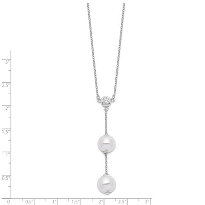 Majestic Sterling Silver Rhodium-plated White Imitation Shell Pearl CZ Y-Drop Spring Ring Clasp Necklace