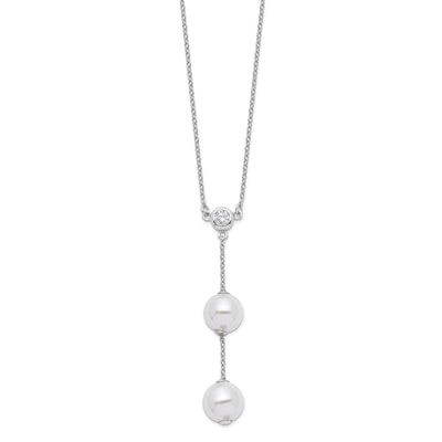Majestic Sterling Silver Rhodium-plated White Imitation Shell Pearl CZ Y-Drop Spring Ring Clasp Necklace