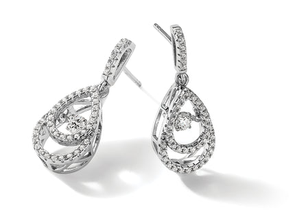 Brilliant Embers Sterling Silver Rhodium-plated 82 Stone CZ Moving Center Pear Shaped Vibrant CZ with Micro Pav CZ Dang
