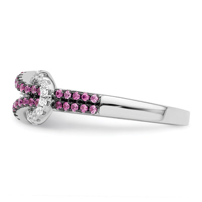 Brilliant Embers Sterling Silver Rhodium-plated 64 Stone Micro Pavé Red and White CZ Love Knot Ring