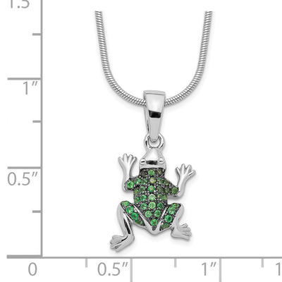 Brilliant Embers Sterling Silver Rhodium-plated 34 Stone Micro Pavé Green CZ Frog Necklace with Extender