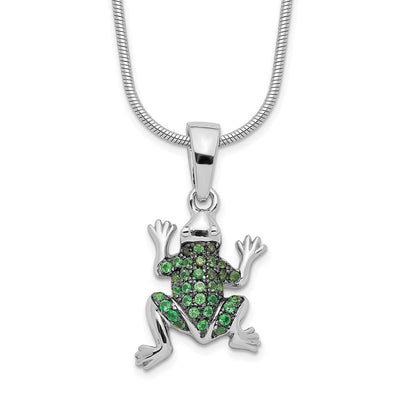 Brilliant Embers Sterling Silver Rhodium-plated 34 Stone Micro Pavé Green CZ Frog Necklace with Extender