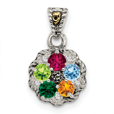 Sterling Silver Antiqued w/14K 5-stone w/Diamond Mothers Pendant Semi-Mount, 10 x 10mm