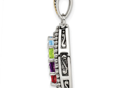 Sterling Silver Antiqued w/14K 5-stone w/Diamond Mother's Pendant