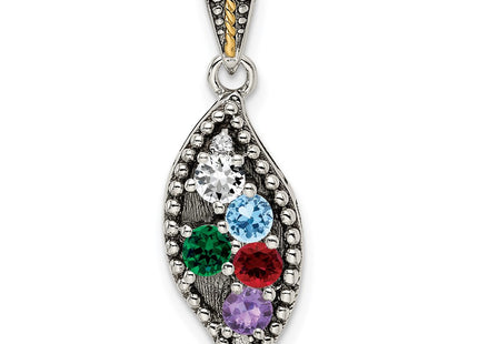 Sterling Silver Antiqued w/14K 5-stone w/Diamond Mother's Pendant
