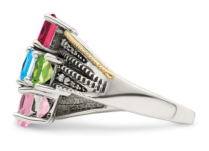 Sterling Silver Antiqued w/14k 5-stone w/Diamond Genuine Mother's Ring