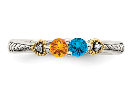 Sterling Silver Antiqued w/14K 2-stone w/Diamond Mother's Semi-Mount Ring