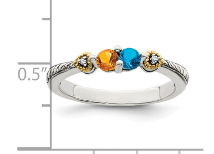 Sterling Silver Antiqued w/14K 2-stone w/Diamond Mother's Semi-Mount Ring