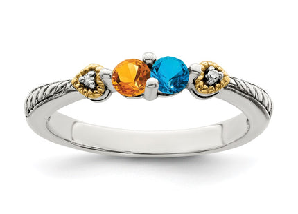 Sterling Silver Antiqued w/14K 2-stone w/Diamond Mother's Semi-Mount Ring