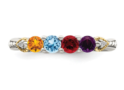Sterling Silver Antiqued w/14K 4-stone w/Diamond Mother's Semi-Mount Ring