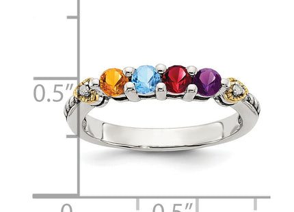 Sterling Silver Antiqued w/14K 4-stone w/Diamond Mother's Semi-Mount Ring